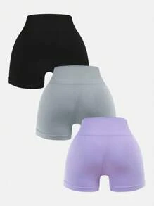 SHEIN 3 件套青少年女孩日常休闲纯色弹力高腰运动瑜伽短裤，春夏 - 彩色 - 查看 2