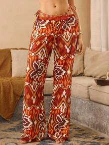 The White Lotus Swim Chiccia Women Summer New Sexy White Lotus Printed Sheer Mesh Straight Leg Cover Up Pants With Elastic Waist & Vacation - Multicolor - View 3