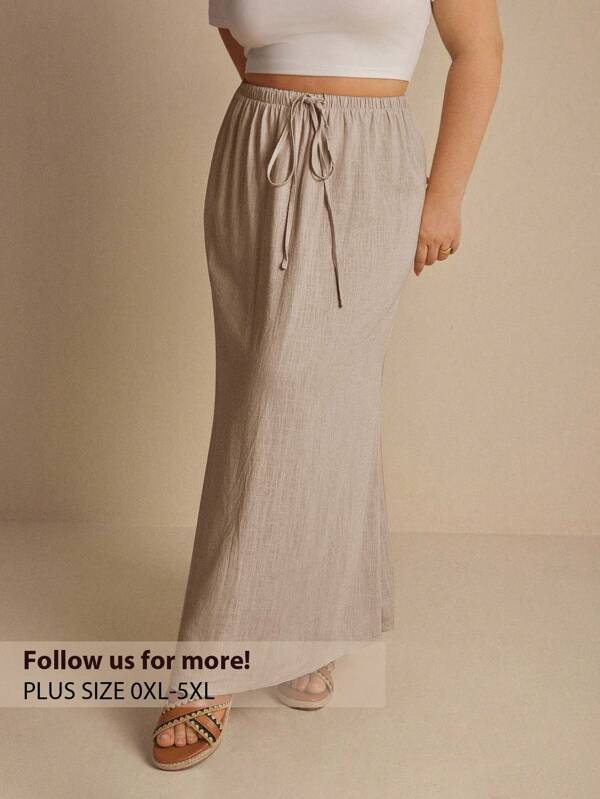 Elaquor Plus Size Women Solid Color Waist Tie Long Casual Skirt