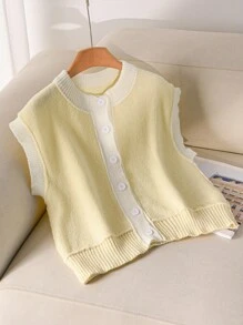 CosyJoli Plus Size Casual Color Blocking Round Neck Cropped Knitted Cardigan In Fall/Winter - Yellow - View 6