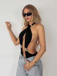 SHEIN ICON 黑色金属交叉带深 V 领紧身衣 - 黑色 - 查看 4