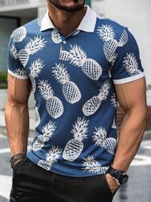 HIMLAND Men's Casual Pineapple Print Fitted Shoulder Polo Shirt, Short Sleeve Tropical Shirts For Men