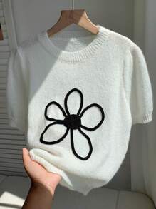SHEIN EZwear 女式新款 3D 花卉短袖圆领毛衣 - 白色 - 查看 4