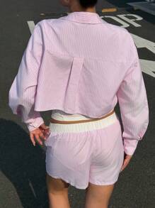 SHEIN Bộ áo sơ mi kẻ sọc và quần short màu tương phản cho bé gái tuổi teen, thường ngày, ngày lễ, đồ mặc ở nhà - Hồng - Xem 2