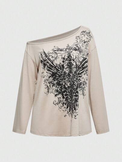 Grunge Punk Women's Casual Graphic Printed Oblique Shoulder Long Sleeve T-Shirt