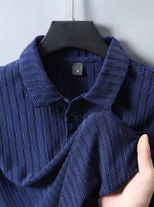 Manfinity Homme 1 件男士夏季休闲纯色罗纹针织短袖 Polo 衫 - 藏蓝色 - 查看 4