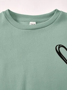 SHEIN Girlism 2件套青少年女孩休闲心形印花针织纯色超大落肩长袖运动衫和阔腿运动裤套装 - 薄荷綠 - 查看 9