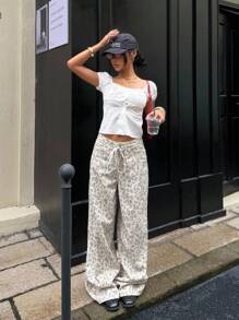 Muchica Pantalon à bretelles en jean imprimé léopard pour femmes, convient pour un usage quotidien
