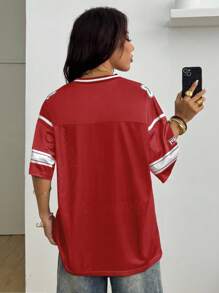 Coolane Áo thun nữ cổ chữ V tay trễ vai in số, mùa hè - Đỏ - Xem 2