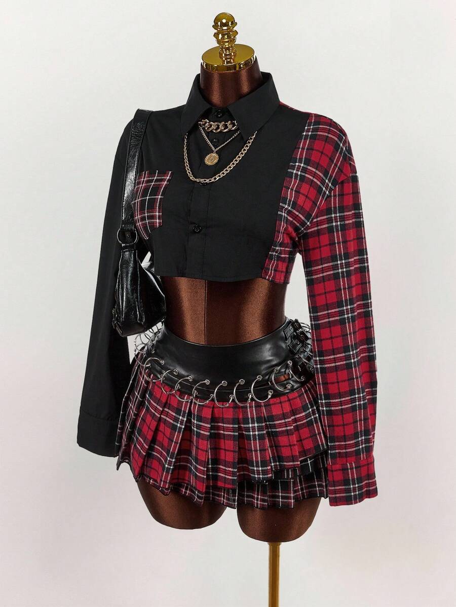 Amplova 色块格子拼布衬衫和金属环褶裙套装