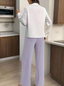 INAWLY 2pcs Plus Size Floral Print Button Front Long Sleeve Top And Solid Color Pants Set - Purple - View 2