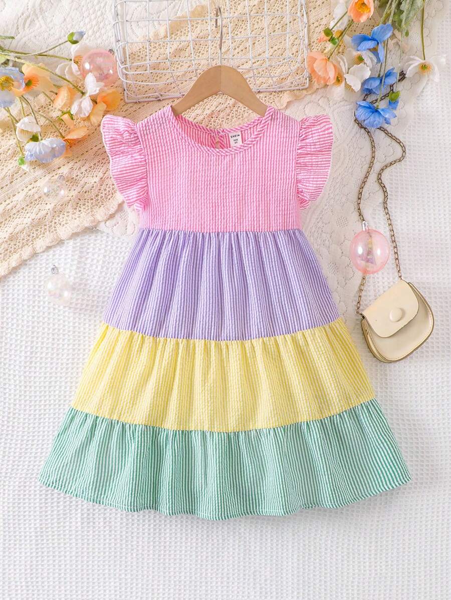 Elladie kids Young Girl Colorblock Striped Round Neck Cap Sleeve Casual Dress, Summer Girls Summer Dress Girls Pastel Dress Kids Ruffle Dress Rainbow Striped Dress Tiered Ruffle Dress, School, Campus, College - Multicolor - View 1