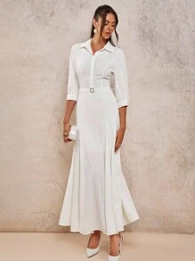 COSMINA Women's Solid Color Dress With Front Button Belt Elegant - White - View 1