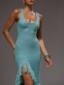 MUSERA Rochie maxi tricotată cu decolteu rotund, franjuri, decupate, sexy, vară, Ibiza, vacanță, drăguță, invitată la nuntă, toamnă, invitată la nuntă, elegantă, ziua de naștere, biserică, ieșire în oraș