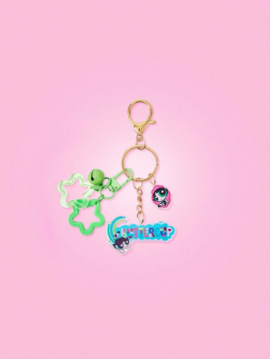 THE POWERPUFF GIRLS X SHEIN Star, Letter & Buttercup Pattern Fashionable Cute Keychain - Green - View 1