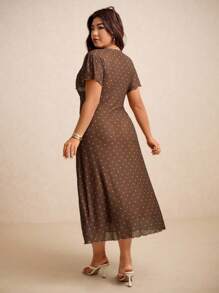 Elaquor 大码女式夏季复古简约浪漫扭纹V领波点连衣裙 - 棕色 - 查看 2
