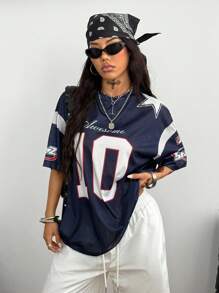 Coolane 女士和男士夏季外出返校节休闲比赛日 Y2K 透气网眼数字图案超大深蓝色平纹针织 T 恤 - 藏蓝色 - 查看 5