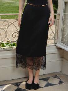 lacRébo 黑色缎面长裙配睫毛蕾丝拼接蕾丝黑色中长裙教师裙办公室服装秋季女装秋冬 - 黑色 - 查看 3