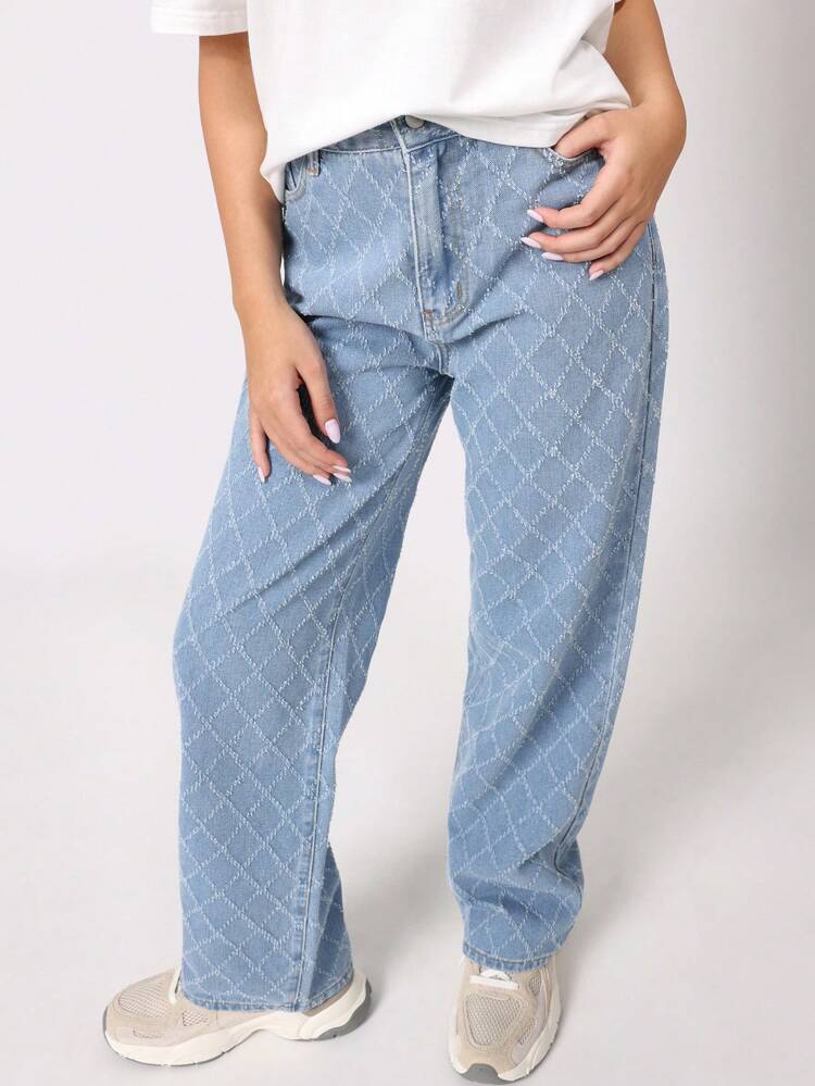 Diamond Quilted Wide Leg Denim Pants With High Waist