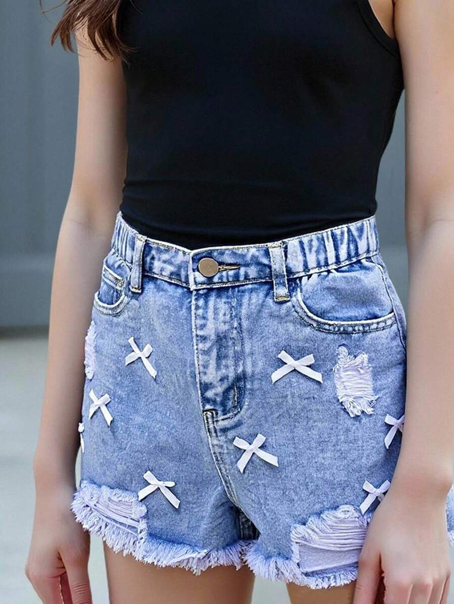 Tween Girls' Denim Short High Waist,Light Blue Distressed Frayed Denim Shorts With White Bow,Summer Casual School Clothes For Fashionable Girls - Medium Wash - View 1