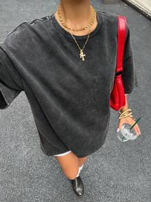 SHEIN EZwear T-shirt d'été à encolure ronde ample, imprimé de lettres vintage noires américaines délavées - Noir - Voir 3