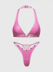 ROMWE Grunge Punk Punk Rivet Decorated Triangle Bra & Thong Lingerie Set, Sexy, For Valentine's Day - Hot Pink - View 4