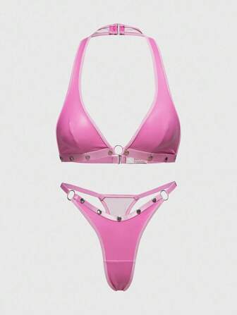 Grunge Punk Set di biancheria intima composto da reggiseno triangolare e perizoma decorato con rivetti punk, sexy