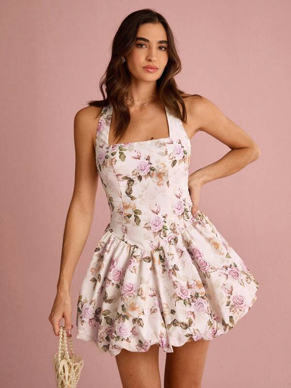 Enchnt Summer Romantic Women's White Rose Print Square Neck Sleeveless Cross-Tie Backless Bubble Hem Cute Princess Mini Dress,Sweet&Elegant For Vacation&Date&Holiday&Birthday&Party&Graduation&Wedding Guest&Beach,Prom Dress,Summer Dresses For Women,Sun Dresses For Women,Summer Clothes,Summer Outfits For Women,Vestidos Elegantes Para Fiesta,Vestidos Elegantes De Mujer