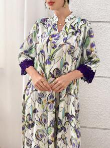 Yasmyna 浪漫花卉褶皱蕾丝边土耳其女士长裙和阿拉伯传统长袍 - 紫色 - 查看 3