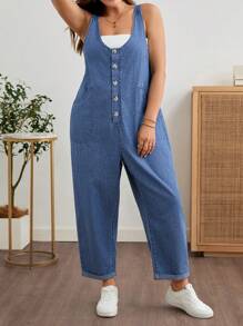 EMERY ROSE Mature Denim Bộ đồ liền thân denim hai túi thường ngày mùa hè cỡ lớn - Rửa trung bình - Xem 3