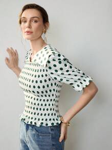 SHEIN Unity 女式绿白波点 V 领休闲褶皱梭织衬衫，半袖，修身常规长度，秋季，极简主义，商务休闲，度假，工作服，教师，返校，秋季，老钱风格 - 白色 - 查看 3