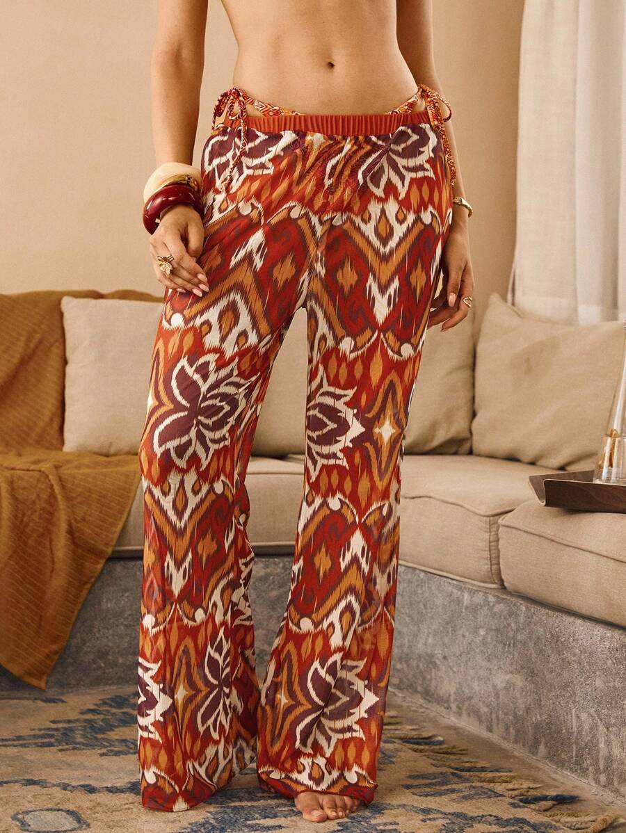 The White Lotus Swim Chiccia Women Summer New Sexy White Lotus Printed Sheer Mesh Straight Leg Cover Up Pants With Elastic Waist & Vacation - Multicolor - View 1