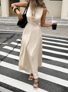 Serisse 夏季新款扭纹镂空无袖女式连衣裙 - 杏色 - 查看 3