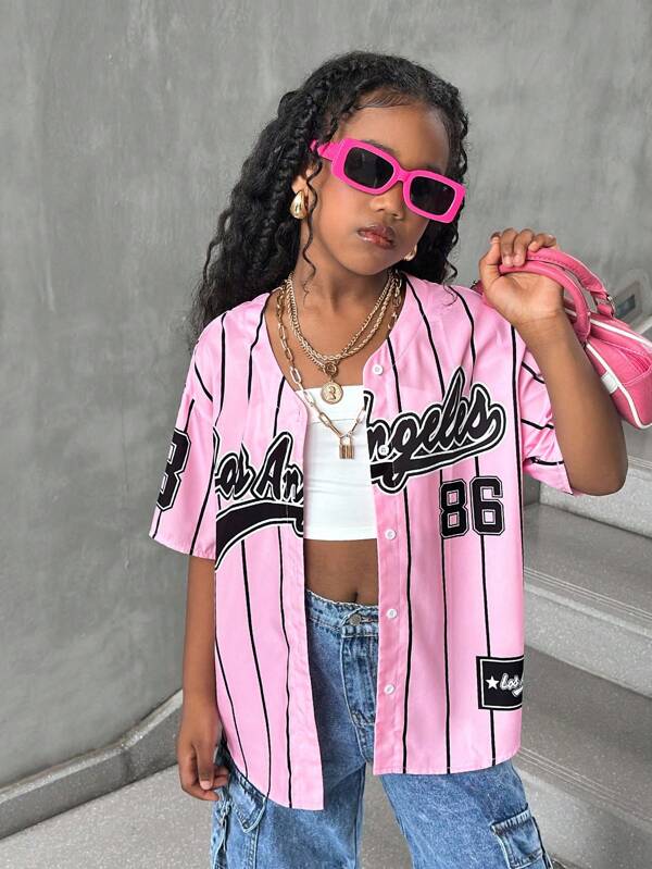 Tween Girls Chic Streetwear Striped Woven Black & White Letter Printing Short Sleeve Shirt Pink Jersey Baseball Outfit Girls Streetwear Outfits Baddie Clothes Baseball Shirt