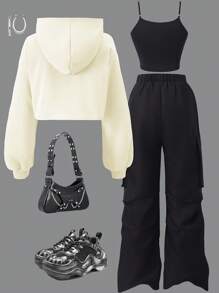 3pcs Teen Girl Set: Solid Color Hoodie Top And Adjustable Strap Cargo Pants Fall Winter - Multicolor - View 2