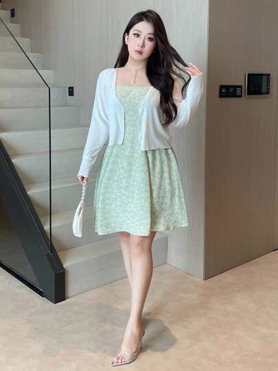 Flirla 加大码两件套：优雅碎花连衣裙和薄开衫，夏季