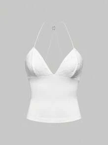 ROMWE Goth 对比色蕾丝性感露背蝴蝶结设计修身细肩带吊带背心 - 白色 - 查看 1