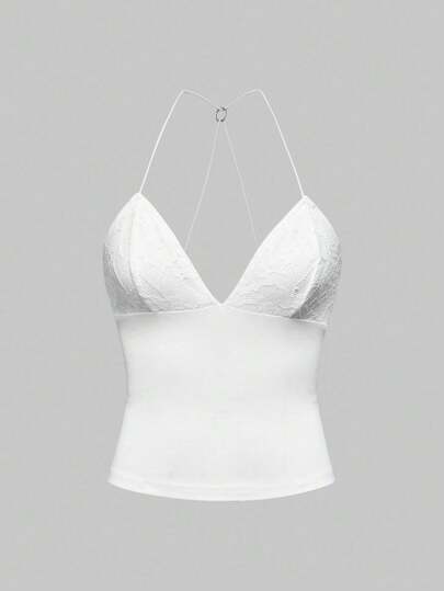 Goth Contrast Lace Sexy Open Back Butterfly Design Slim Fit Spaghetti Strap Camisole