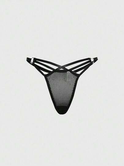 ROMWE Grunge Punk 1pc Plus Size Gothic Crossed Straps Heart Metallic Buckle G-String Panties