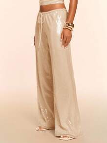 SHEIN BAE Quần ống rộng ống rộng màu trơn đơn giản thời trang dành cho nữ - Màu be - Xem 4