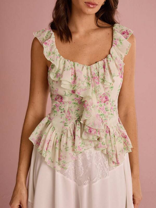 Enchnt Damen Sommer Elegant Volldruck Blumen Rüschensaum Ärmellos Top