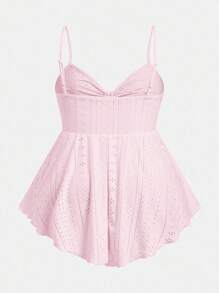 SHEIN EZwear Áo yếm dệt kim cỡ lớn màu hồng có dây rút phía trước / giữa và viền bất đối xứng cho nữ - Hồng - Xem 2