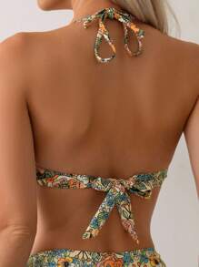 Swim Lushoire Tropical Plant Print Push Up Padded Non-Detachable Underwire Bikini Set, High Waist Sweet Beach/Airport Swimwear For Summer - Multicolor - View 5
