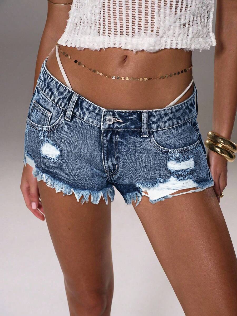 TRNVIE 休闲水洗低腰做旧磨边牛仔短裤 - 淺色水洗藍 - 查看 1