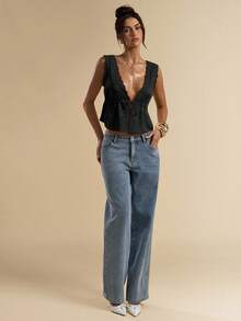 SHEIN BAE Satin-Finish Lace Patchwork Tank Top, Suitable For Vacation, Beach, Music Festival, Brunch, Wedding Guest Attire, Bridesmaid Top, Spring/Summer - Black - View 5