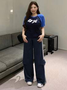 Dazy Plus Pantalones casuales de pierna recta y suelta con parches de cinta de color contrastante - Azul Marino - Ver 2