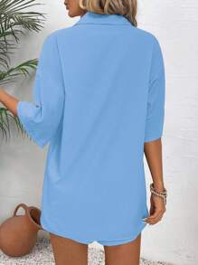 SHEIN LUNE 2pcs Plus Size Women Casual Loose Solid Color Shirt Set - Blue - View 2