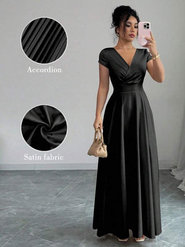 Elenzga V-Neck Cinched Waist Elegant Romantic Short Sleeve Women Dress