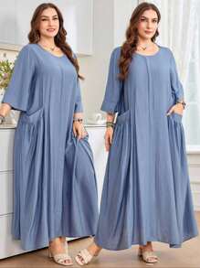 Al Najma 女式加大码圆领 3/4 袖宽松口袋仿亚麻舒适休闲日常加大码阿拉伯连衣裙 - 藍色 - 查看 7