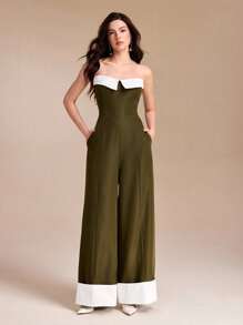 NAJILARAQUELDESIGNS 露肩撞色白色翻领阔腿休闲连体裤女夏装露肩连体裤女式连体裤抹胸连体裤阔腿连体裤优雅连体裤商务装秋装 - 軍綠色 - 查看 1